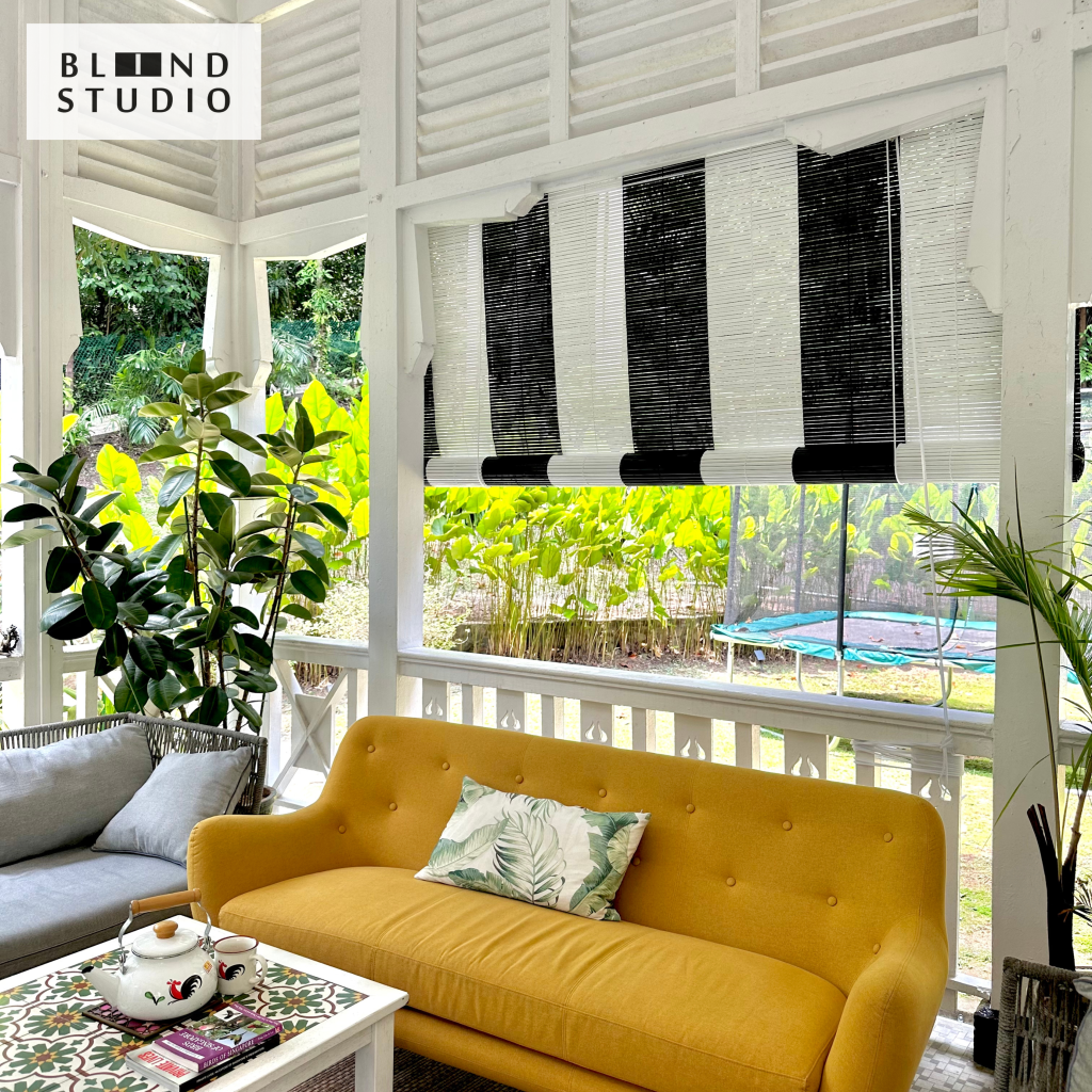 Black and white bamboo blinds with havana style interior design, yellow sofa, small house palm. Best for colonial house