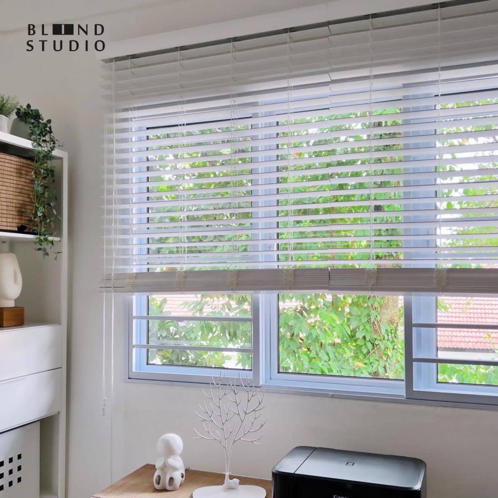 White Venetian Blinds in a study room with a printer and some minimalist displays
