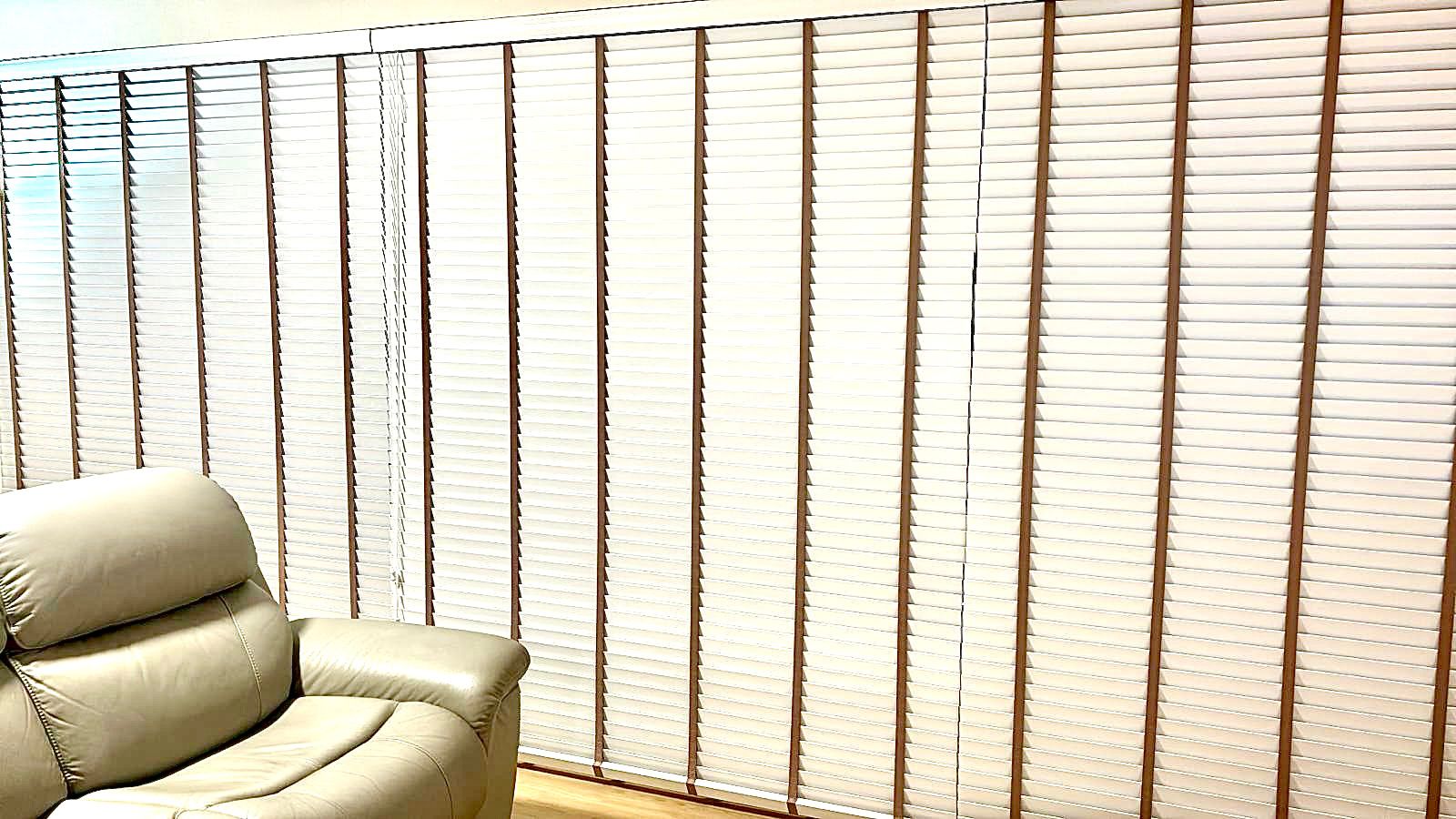 White Venetian Blinds with Brown Tape