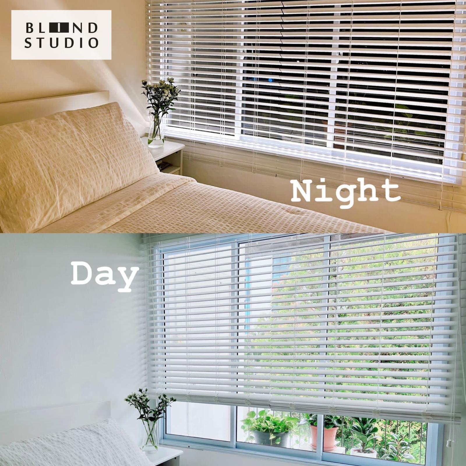 White Venetian Blinds during day and night